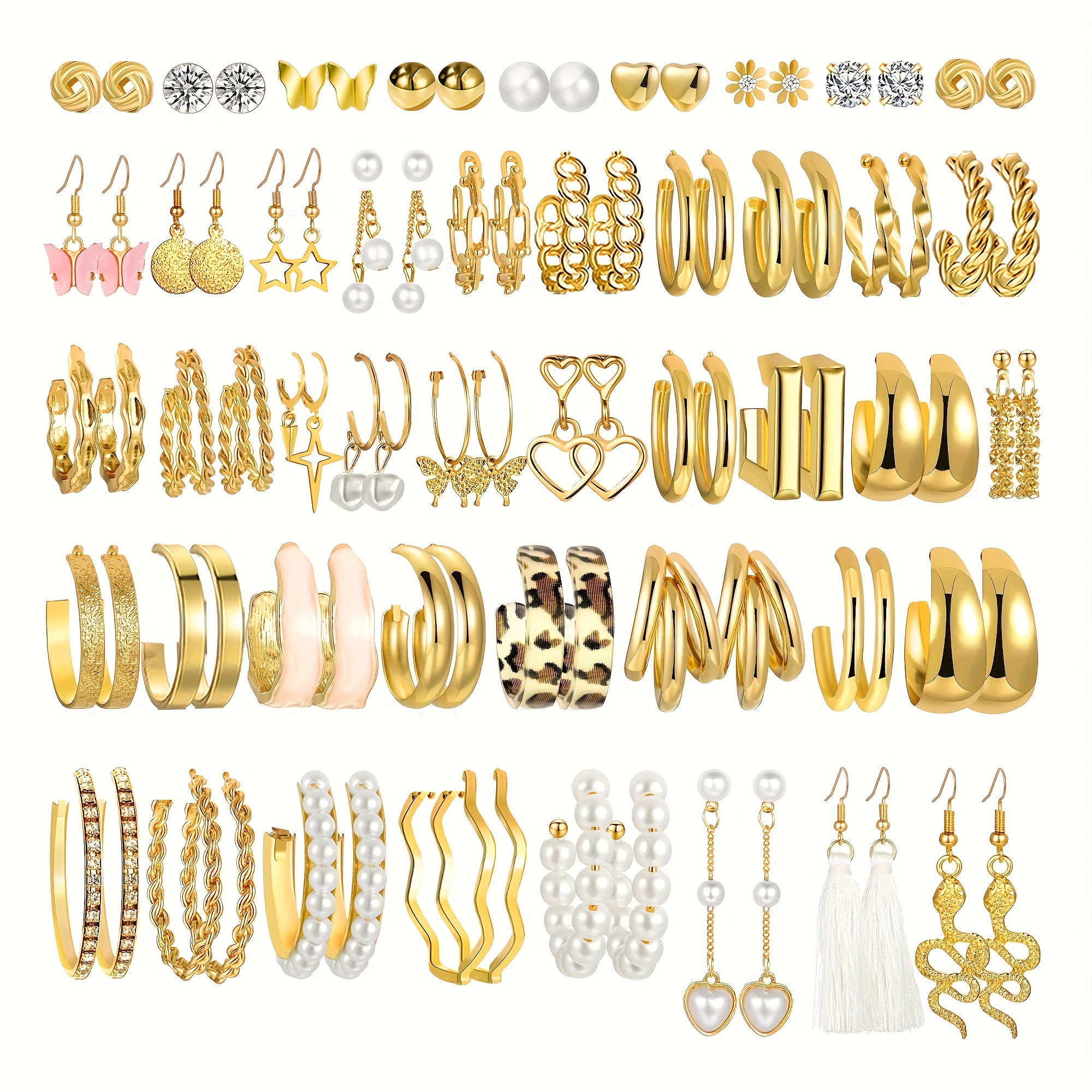 

90pcs Elegant & Chic Earring Set With Pearls - Golden- Metal , Heart, Star, Twist Designs In Sizes For , Parties, Vacations & Gifts, Earrings