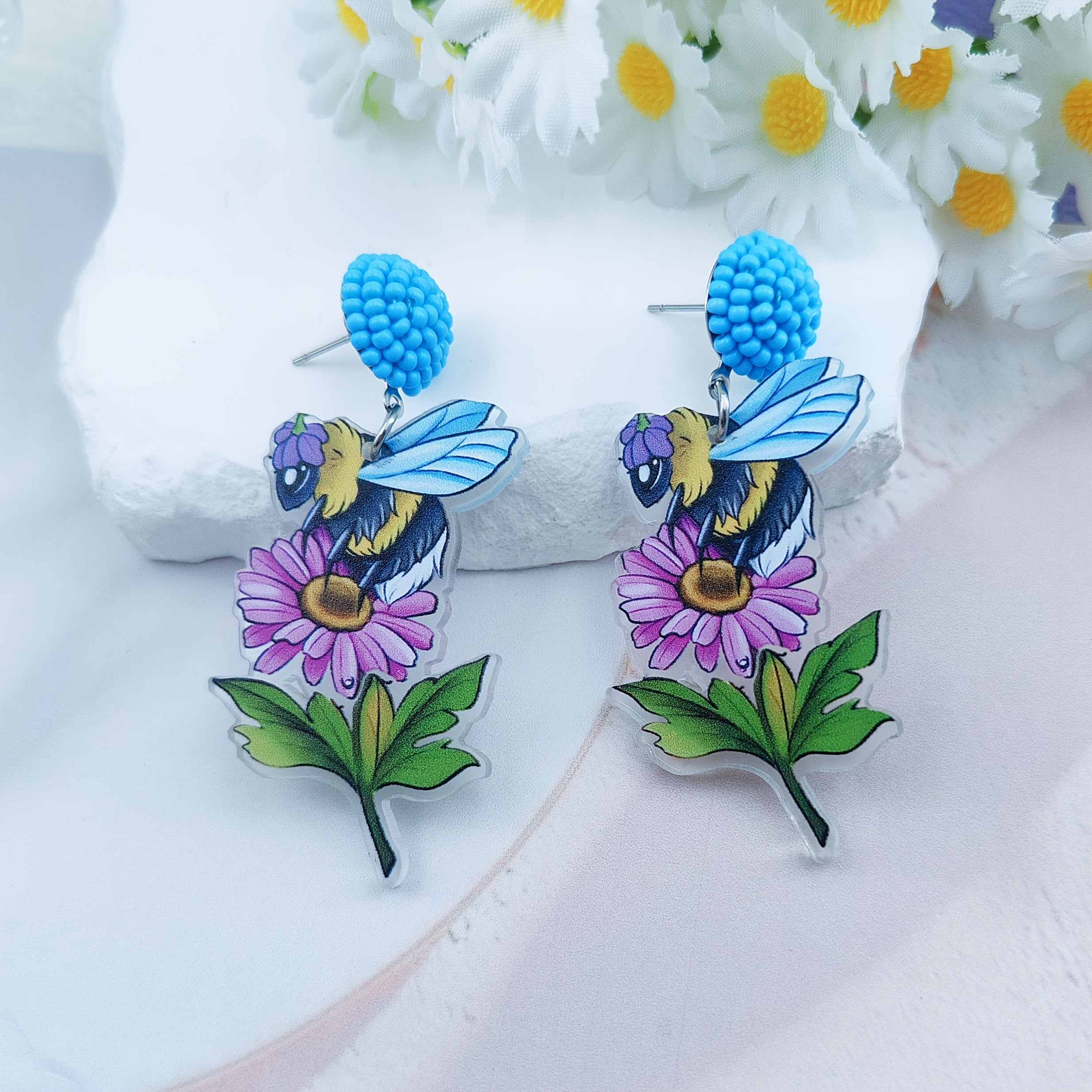Handmade Natural Bee & Flower Dangle Earrings