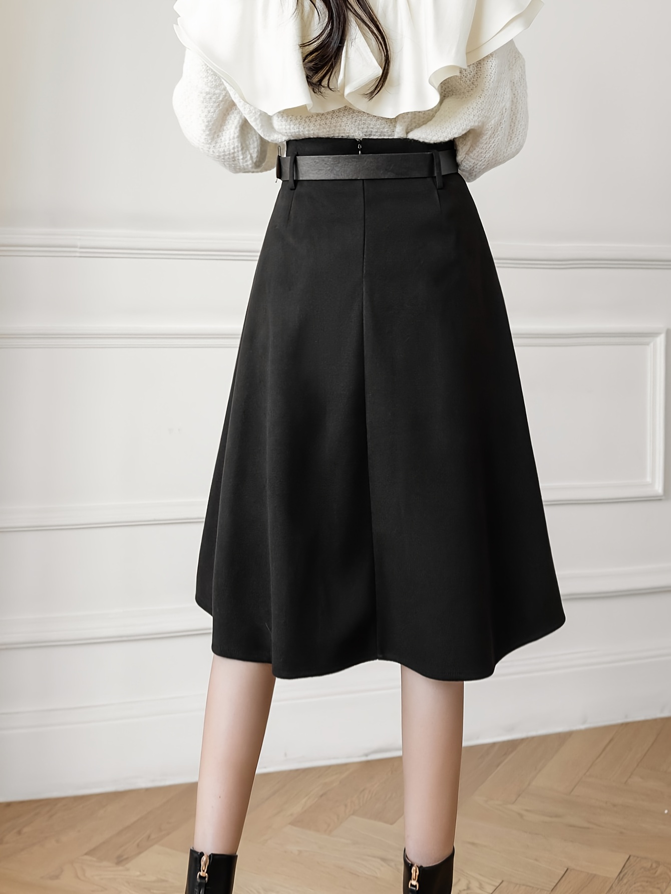 【BAON】Hitai Belt Pocket Nylon Midi Skirt Belted Front Pocket Pleated Midi Skirt in Black - Retro