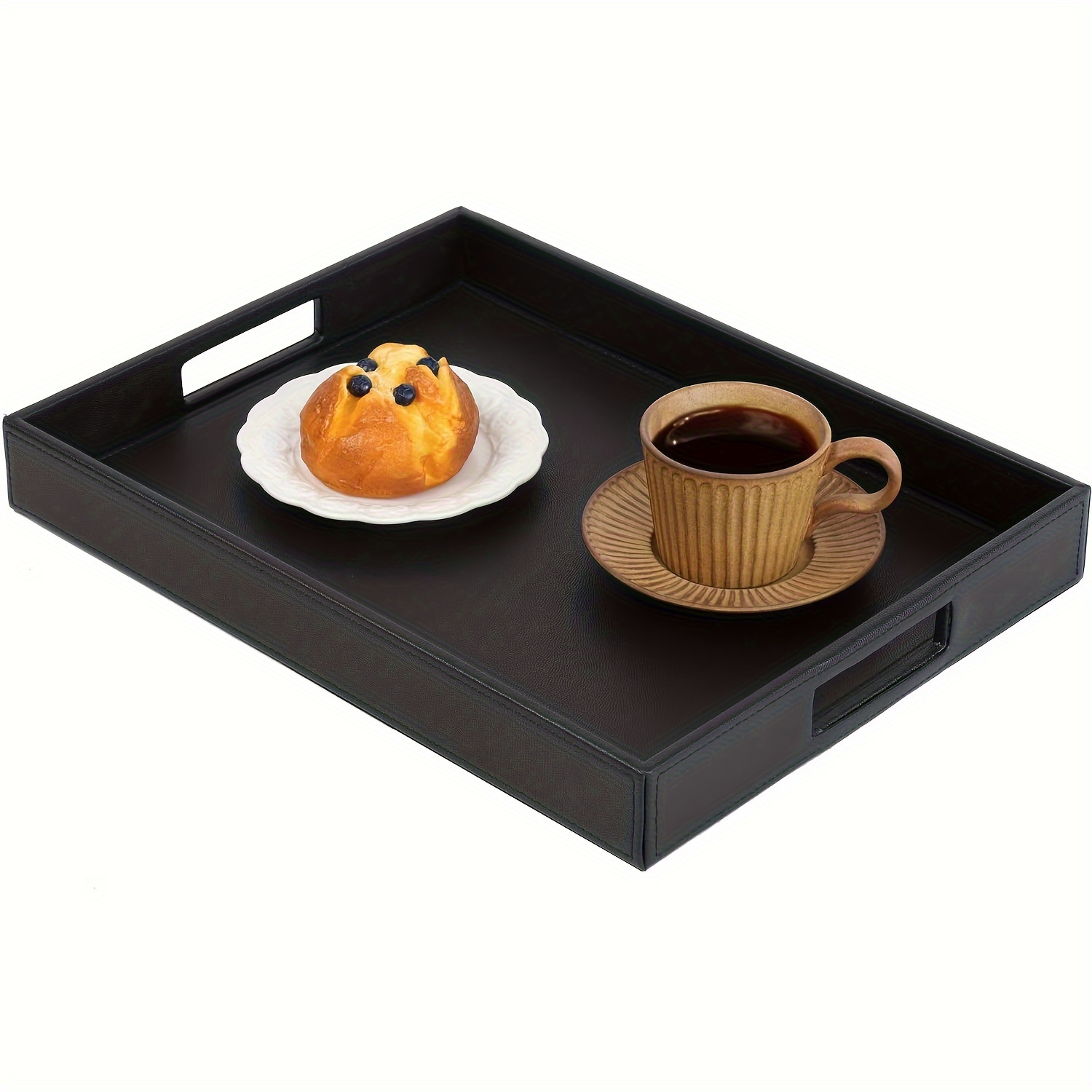 

Hofferruffer Rectangle Serving Tray With Hole Handles For Coffee Table, Breakfast, Tea, Food, Butler - Countertop, Kitchen, Vanity Serve Tray, 16.2 X 12.2 X 2 Inches, Faux Leather Tray (black)