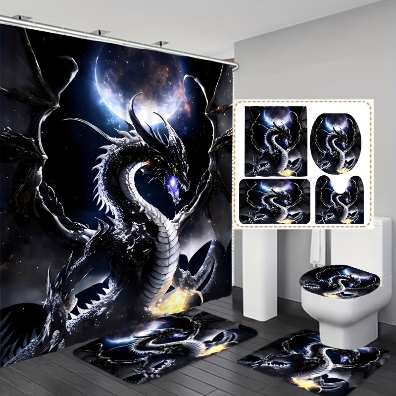 

1/3/4pcs Moonlight Dragon Pattern Shower Curtain Set, Shower Curtain With 12 Hooks, Non-slip Bath Mat, U-shaped Toilet Mat, Toilet Mat, Bathroom Decor Accessories