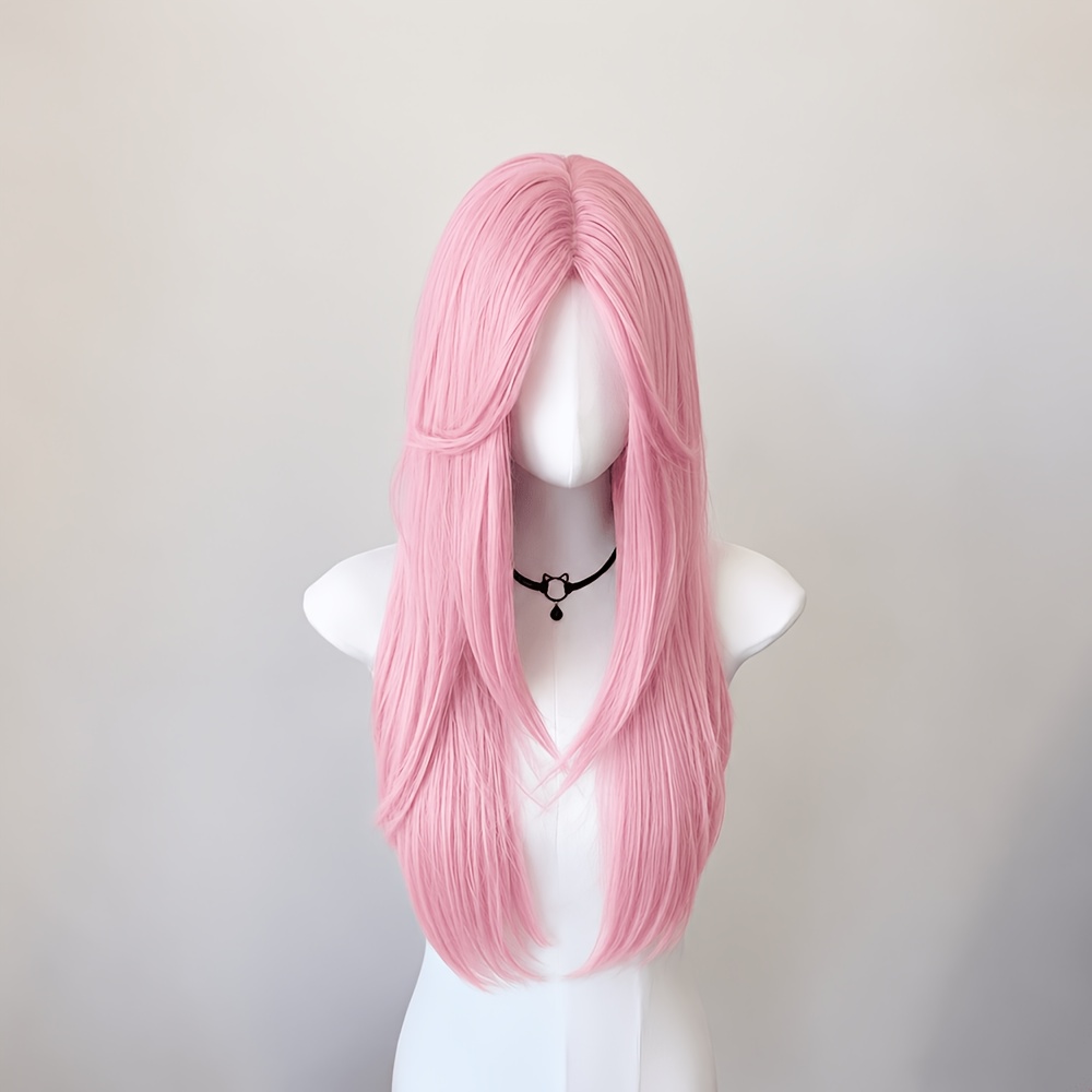 TEMU 26-inch Universal Daily Wig In Pink With Middle Parting, Straight And Long, Fluffy, Skin-friendly, Stylish, Elegant, Suitable For Parties And