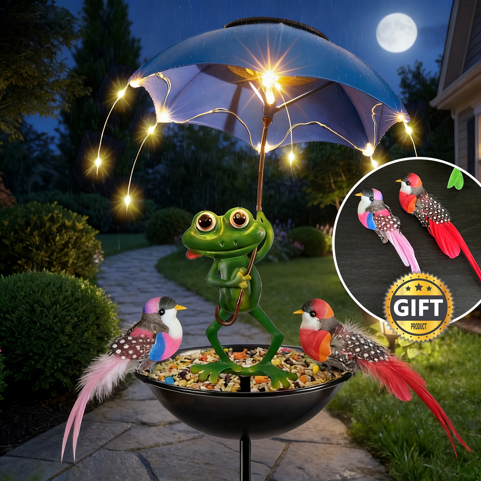 TEMU Innovative Bird Feeder Frog Garden Decor, Outdoor Solar Lights With Umbrella, Hummingbird Feeder Decorative Path Lights Yard Art Ornament Bird