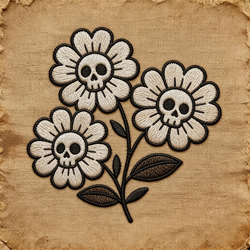 TEMU 1pc Daisy Embroidered Patches Iron On Rose Flower Sew On Badge Applique Cute Punk Skeleton Floral Motif Embroidered For Clothing Jacket Jeans