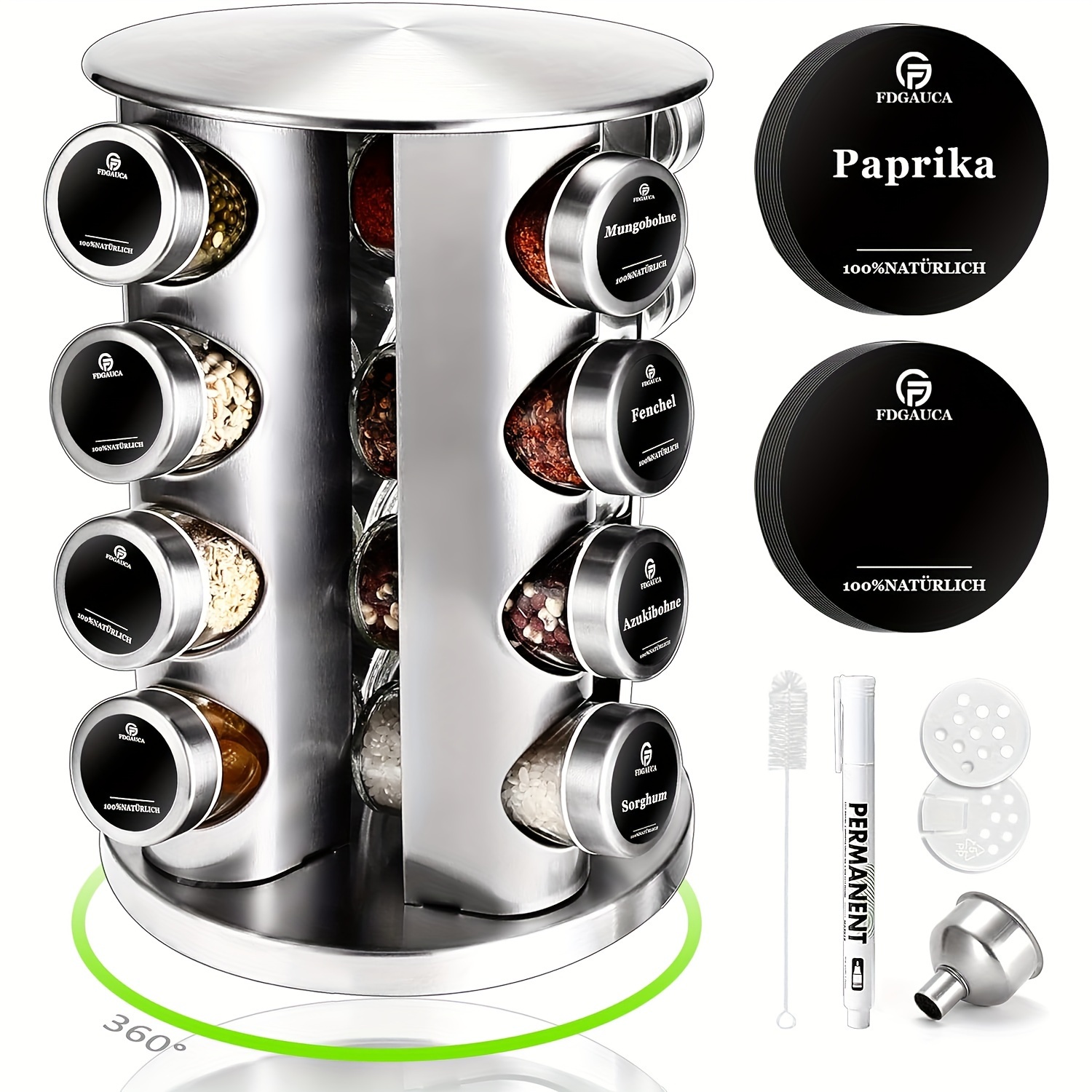 E-shop Um 360° drehbares Gewürzregal mit 16 x 100 ml Gewürzgläsern. Freistehender Gewürz-Organizer aus Edelstahl mit schwarzen deutschen Etiketten.