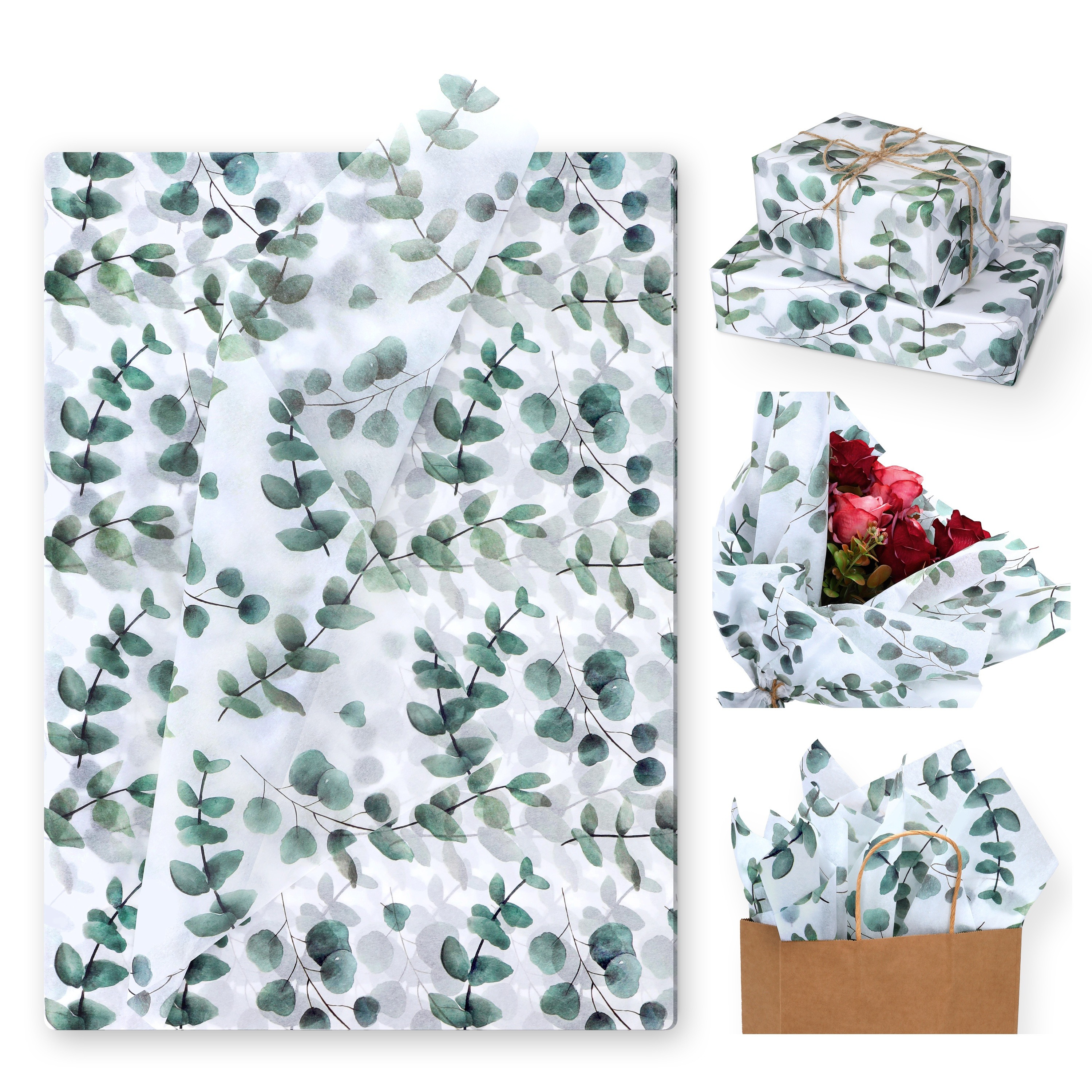 

100pcs de Soie Eucalyptus & Poire de Neige, 14x20 Pouces - Design Feuille Verte pour Emballage de Cadeaux, de Fête, Anniversaire, Décorations de Mariage