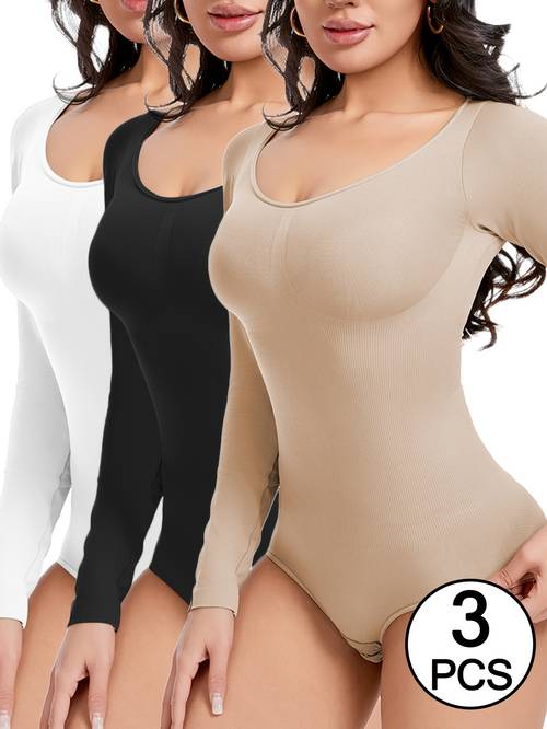 3pcs womens shapewear bodysuits high seamless tummy control butt lifter long sleeve waist cinching body shaping solid color comfortable inner wear shapewear for women sleek solid color seamless design