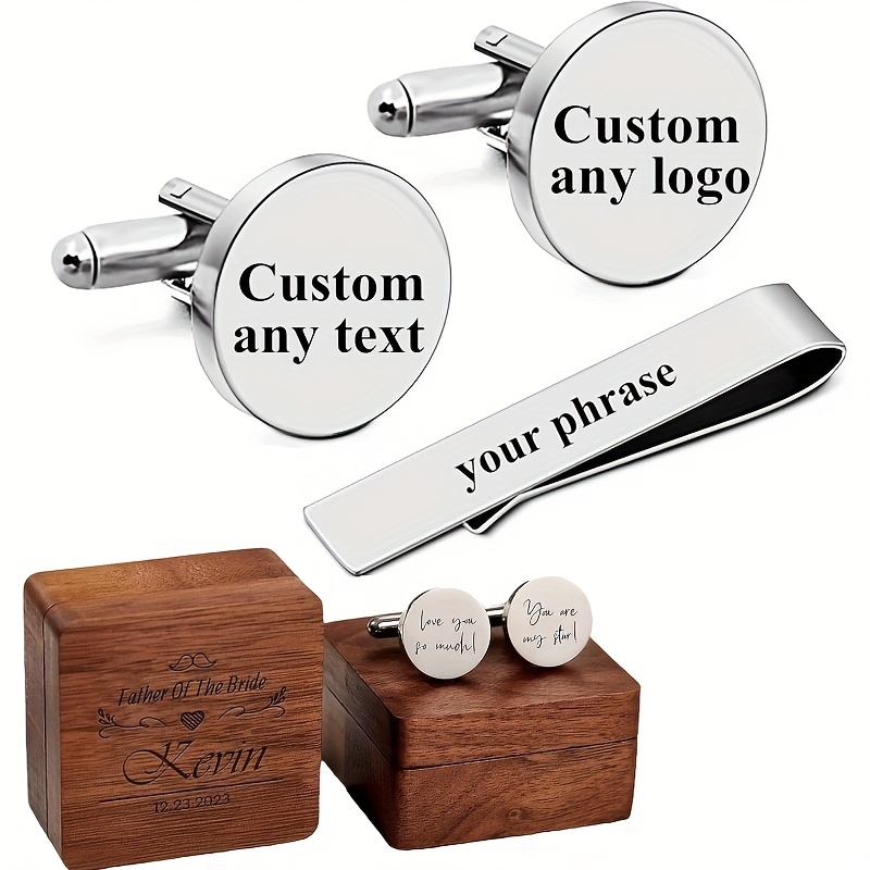 Engraved Cufflink Tie Clip Set with Walnut