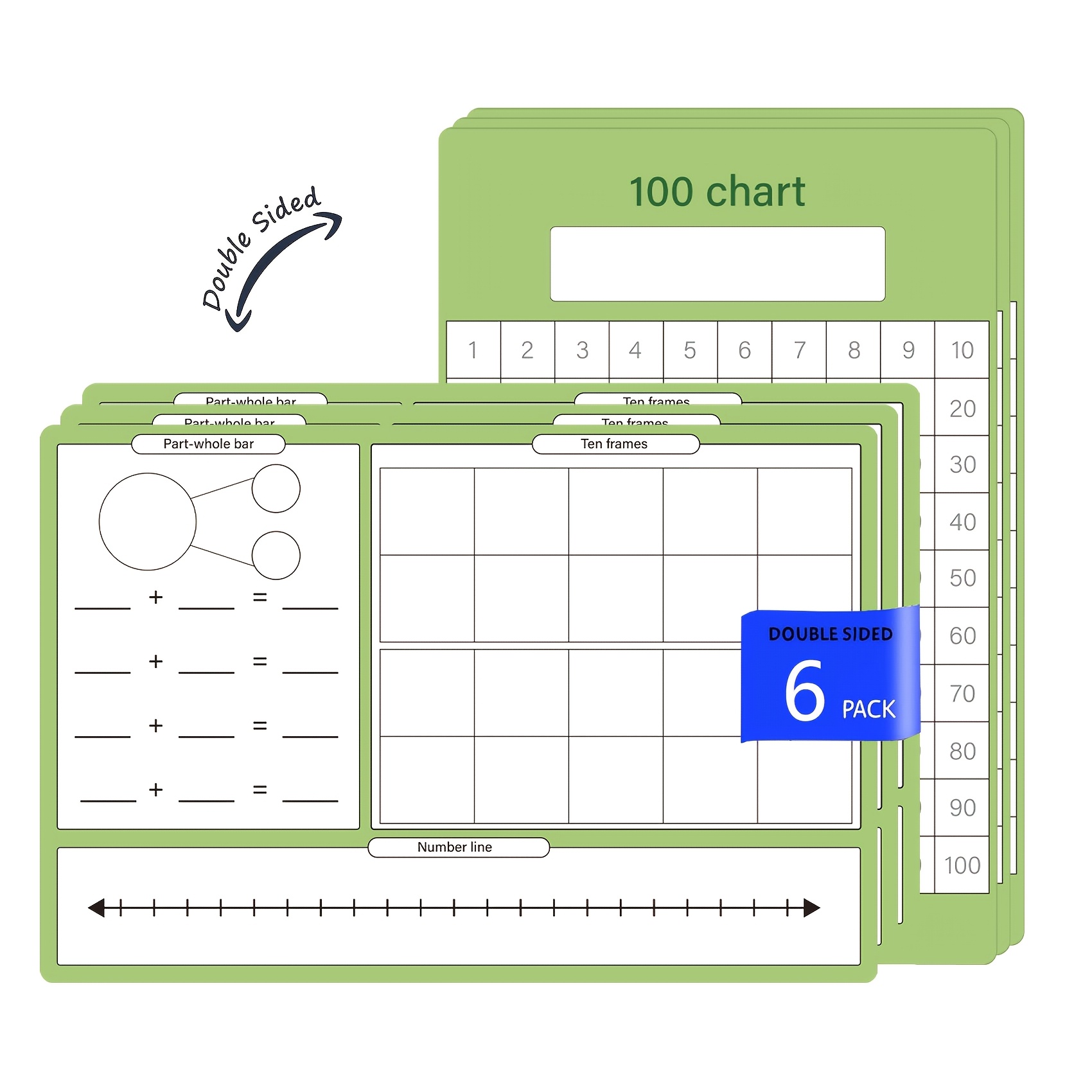 

6-pack Double-sided Laminated Math Manipulatives, 8x12 Inch Cardboard Number Line, Ten Frames, Part-whole Bar, Number Chart For Tabletop Teaching And Learning