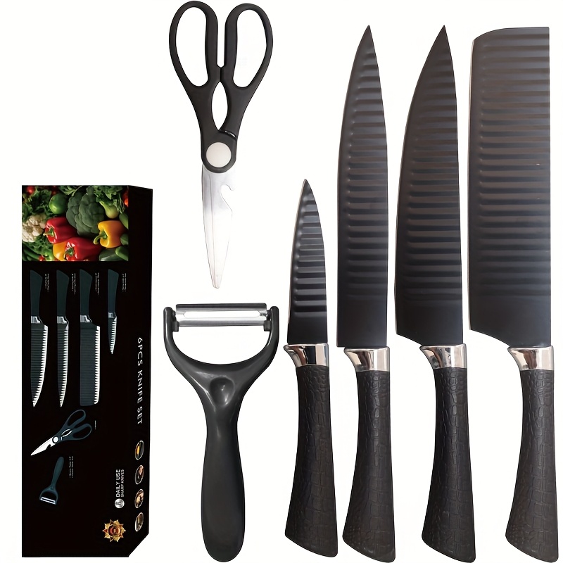 TEMU 6pcs Wave Pattern Kitchen Knife Set - 's Knives, High Carbon Stainless Steel, , , - And Traveling - Includes Peeler, Scissors, And Gift Box