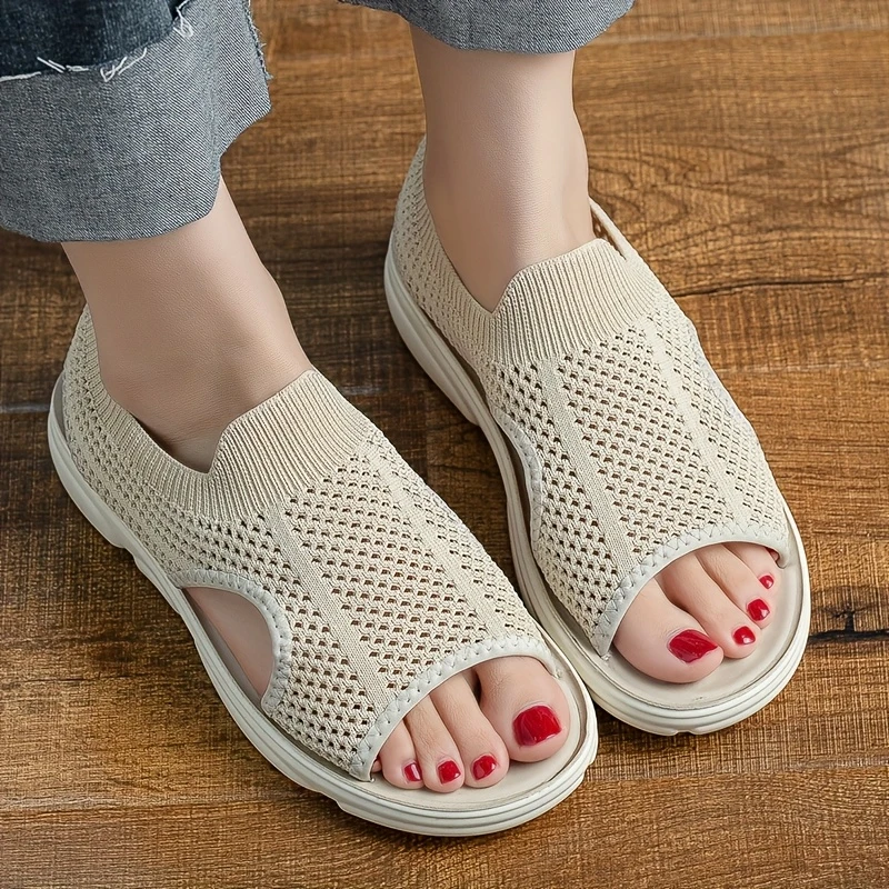 womens summer knit flat sandals lightweight soft sole non slip casual open toe slip with eva insole and cover sole strappy sandals details 4