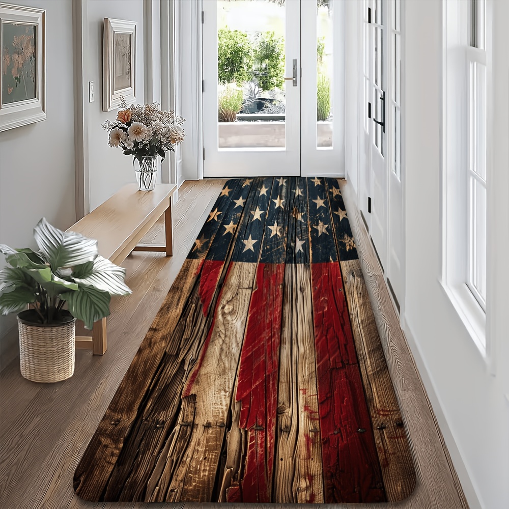 TEMU 1pc Day Themed Patterned Runner Rug, American Flag Pattern Carpet, Non-slip Style Floor Mat, Machine Washable, Suitable For Entryway, Living
