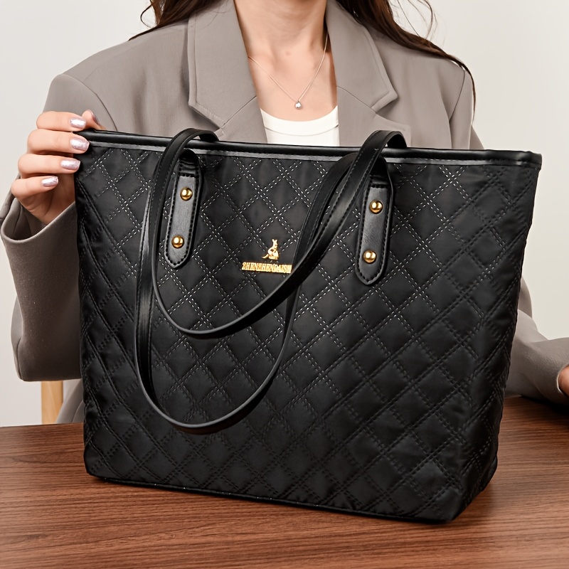 TEMU Women's Tote Bag, Vintage-style Quilted Design, Large Capacity Shoulder Bag For Women, Zipper Closure With Fixed Shoulder Strap, Black, Dark