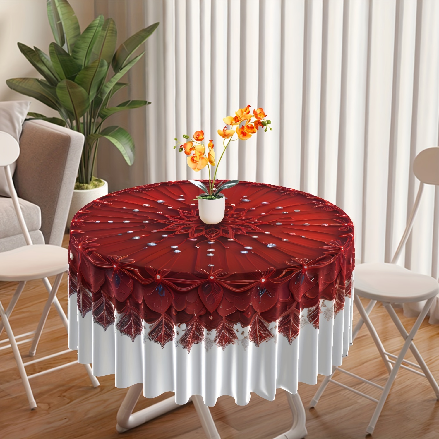 

Floral Pattern Round Tablecloth With White Border - Polyester, Machine Woven, 63-inch Table Cover For Indoor And Outdoor Use, Elegant Draped Design For Patio, Picnic And Dining Decor