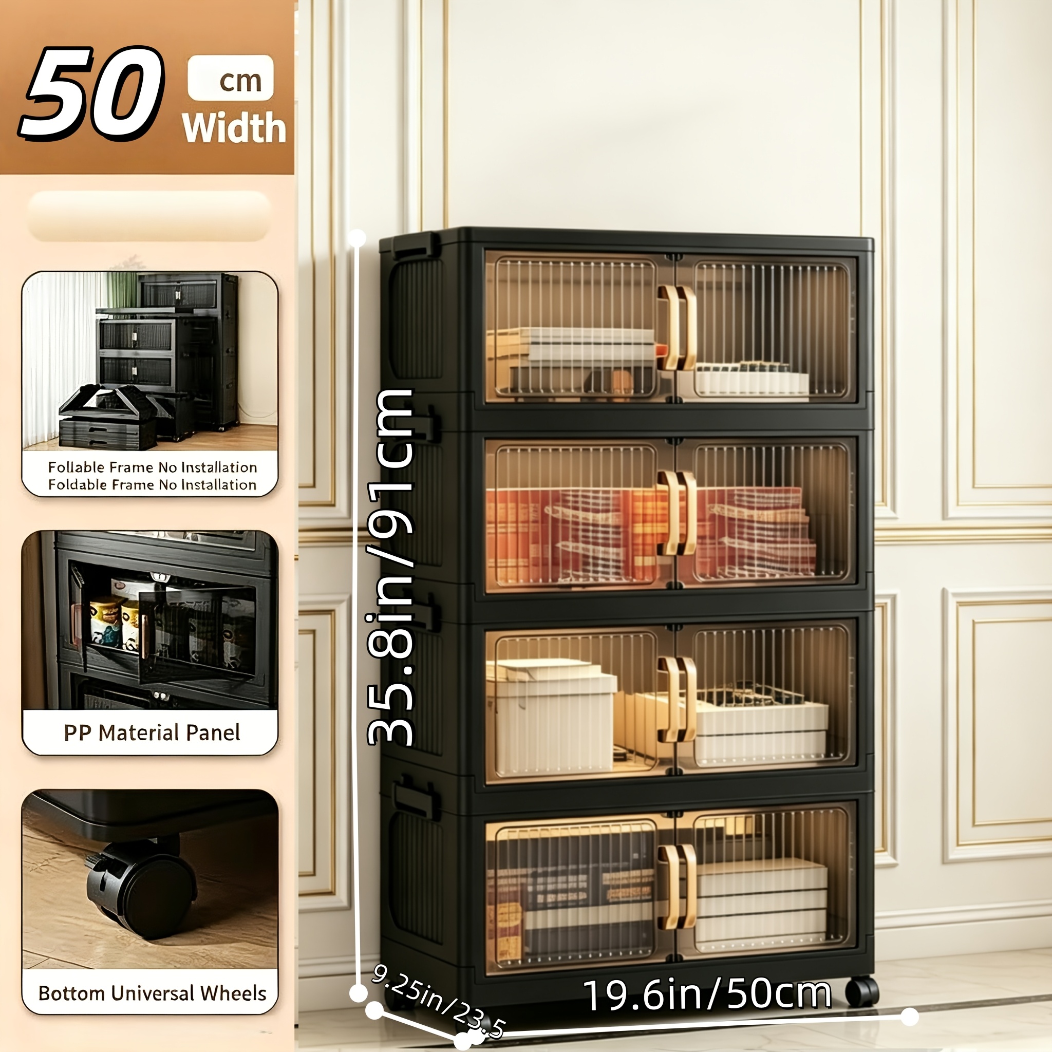 No Assembly 2/3/4/5 Tier Foldable Stackable Storage Cabinet, 44.29 Inch Large Capacity Modular Organizer Box with Lid, Rolling Wheels & Magnetic Double Door, Space Saving Portable Multi-Layer Storage Unit, Easy Setup Household Storage Container