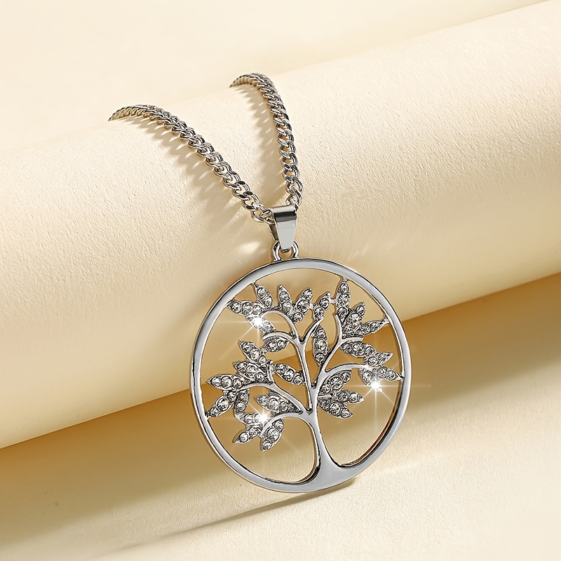 Image of A Stylish European And American Round Of Life Pendant Necklace For Women, With Rhinestones, Perfect For Long Sweater Chains
