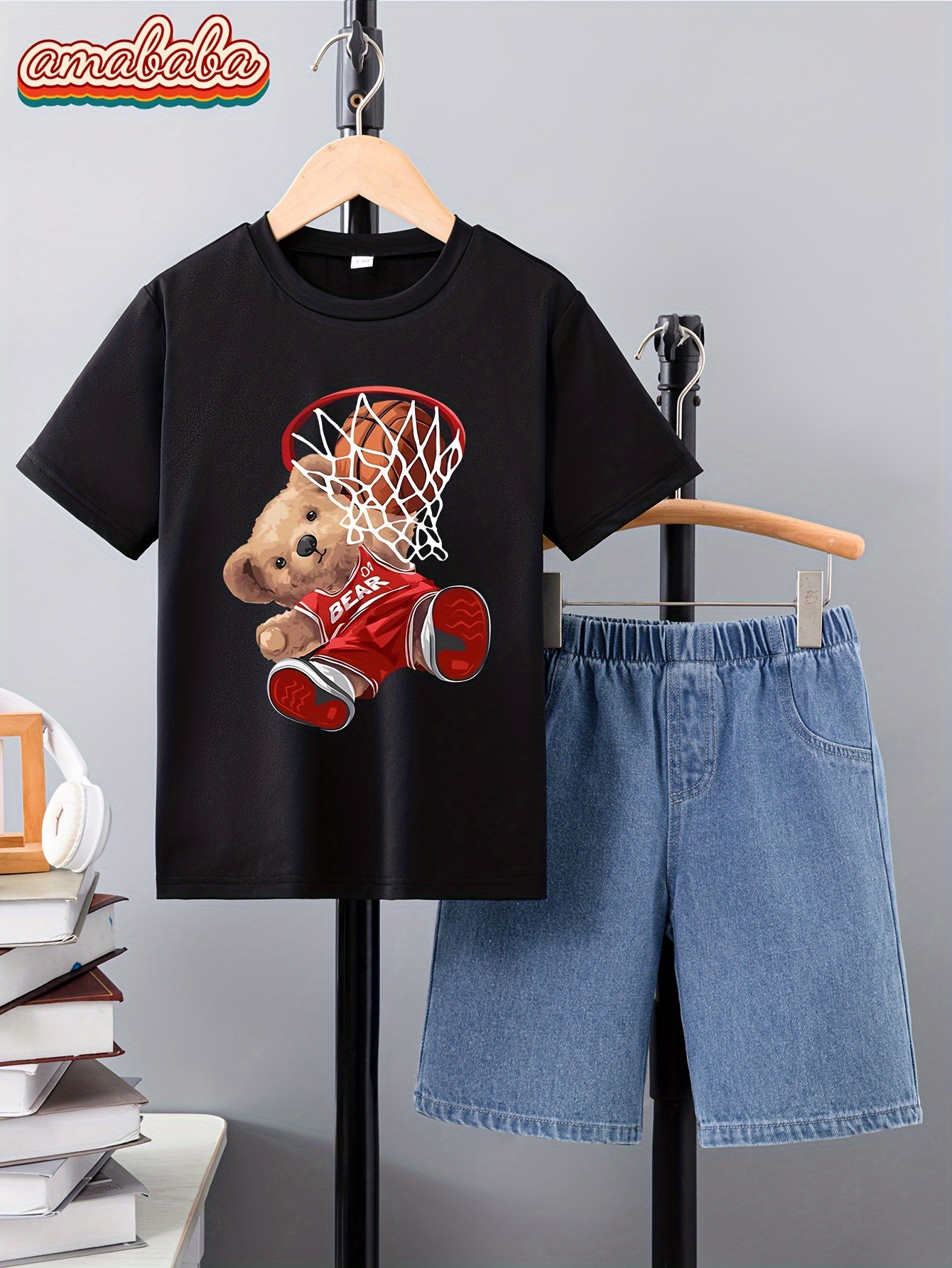 boys basketball player graphic t shirt shorts set light gray