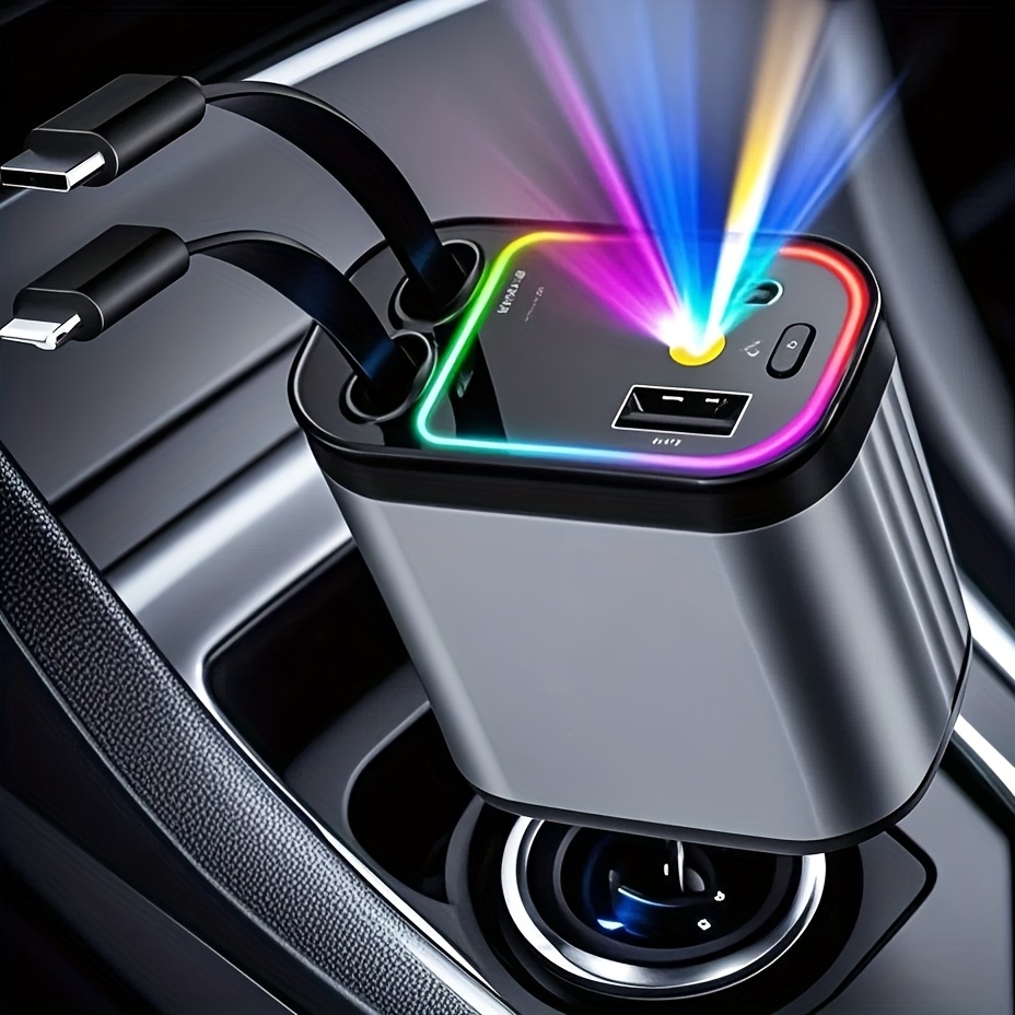 TEMU Fast Car Charger With Extendable " Cable, Usb & Type-c Ports - For Phone 16/15/14/13/12/11, Adjustable 180° Plug, -, Car Charger Fast Charge