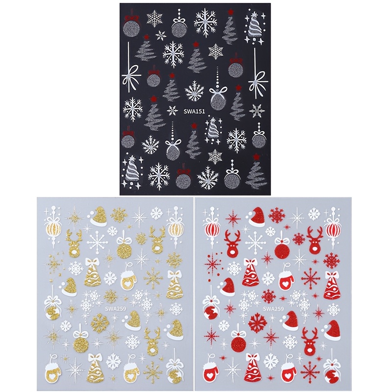 TEMU 3pcs Christmas Nail Stickers, Silvery Red Golden Christmas Tree Bow Christmas Ball Bell Santa Hat Glove Reindeer Pattern Self Adhesive Nail