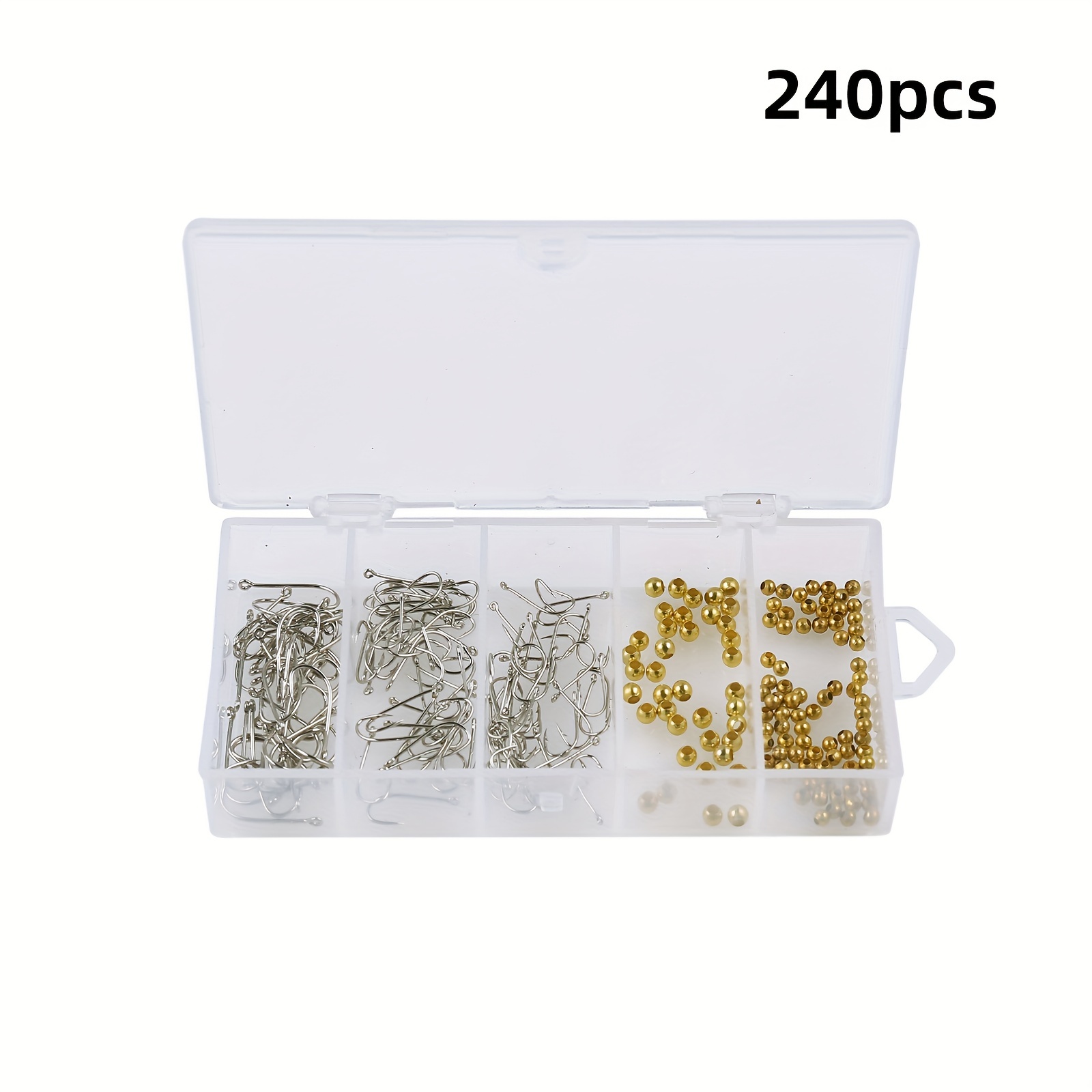 Image of 240pcs Fly Fishing Hooks And Beads Set, No Foot Hooks, Dry Flies, Copper Beads, Carbon Steel Fly Tying Hooks