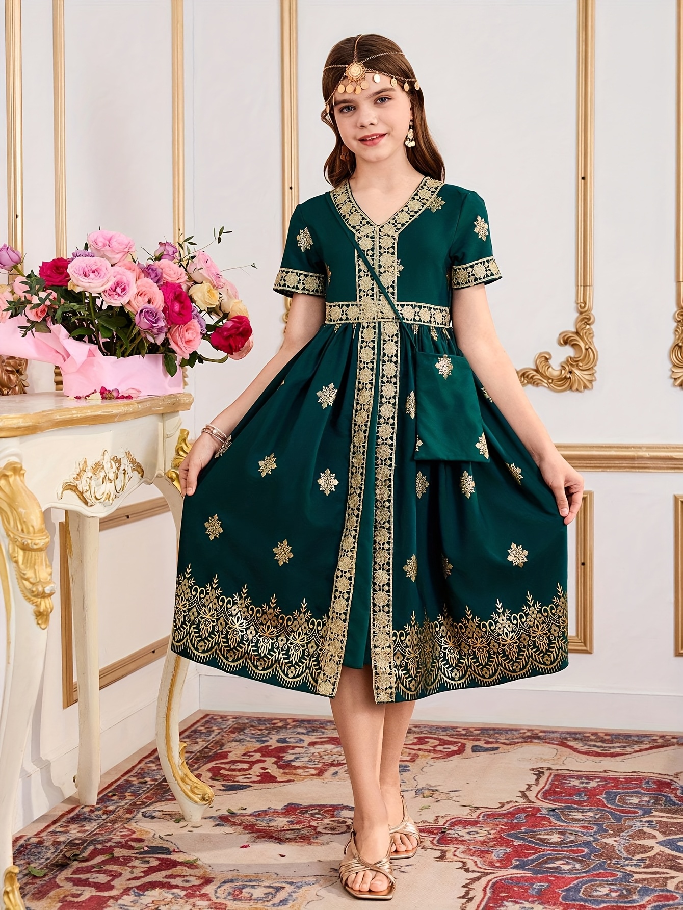 knee length dresses for ladies Floral Embroidered Tea Length Dress with V Neck Cap Sleeves – MissJophiel