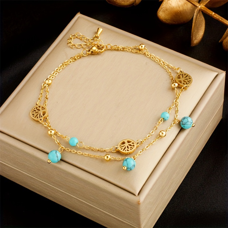 Fashionable, Niche, Creative, Personalized, Easy, Retro Turquoise Pendant, Life Tree , Double-layer Ankle Chain