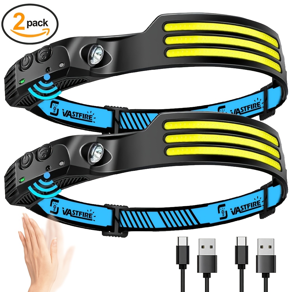 Image of 2 Pack Headlamp Led Rechargeable 230° Wide Angle 3xled 1200mah Battery White Light Sensor Head Torch Lightweight Headlamps Perfect For Camping, Jogging, Hiking, Fishing