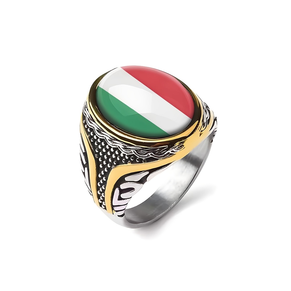 Italian Flag Circular Pattern Oval Ring With Textured Engraving Details - Suitable For Casual Attire And As A Gift.