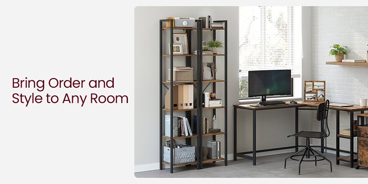 Industrial 6-Tier Heavy-Duty Steel Bookcase Shelf - Tall Narrow Vertical Storage Unit with Adjustable Shelves, Freestanding Space-Saving Bookshelf Suitable for Home Office,, Bedroom - Assembly, Modern Industrial
