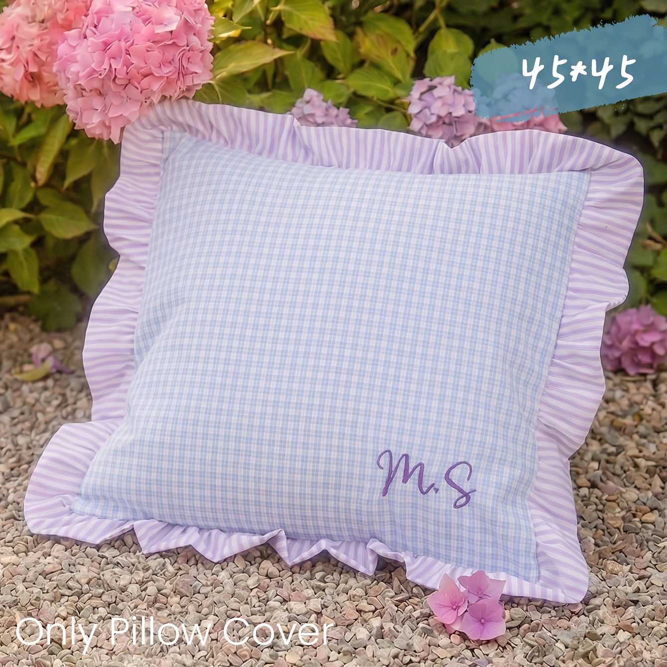 TEMU Custom-made Cute Aesthetic Cottagecore Striped Ruffle Pillow Cover Featuring A Personalized Embroidered Name, With Contrasting Frill Edges,