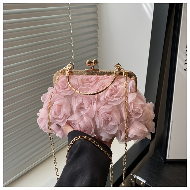 Image of Women's Crossbody Bag With Chiffon 3d Rose Flowers, -colored Evening Bag To Match A Qipao Dress, Party Handbag, And Chain Shoulder Bag For Commuting
