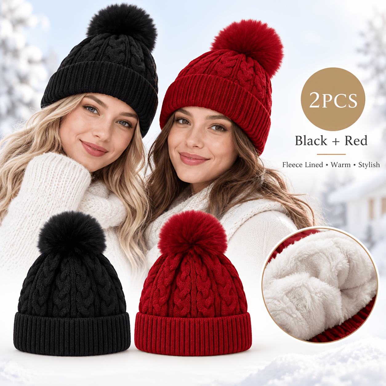 TEMU Lot de 2 bonnets d'hiver pour femme avec pompons, doublure , épaissis, à torsades, et chauds, couleur unie, chapeau tendance pour temps froid