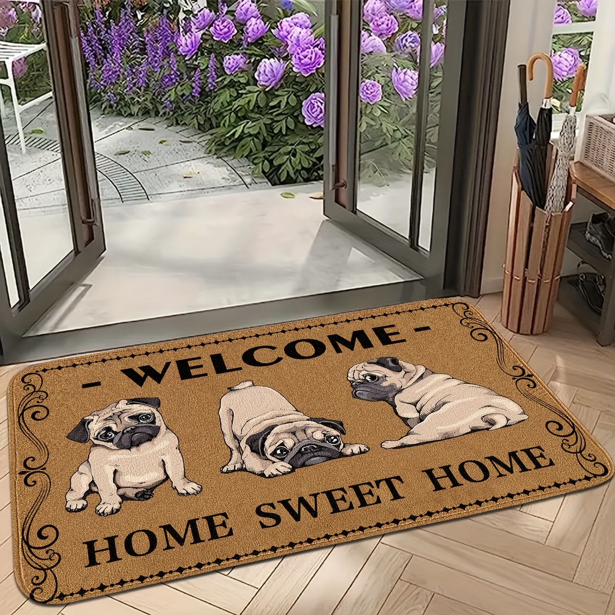 

Welcome Home - Pug Pals Doormat: 40cm X 60cm, Thick Fleece, Non-slip, Machine Washable, Perfect For Entryway, Kitchen, Bathroom, Or Bedroom