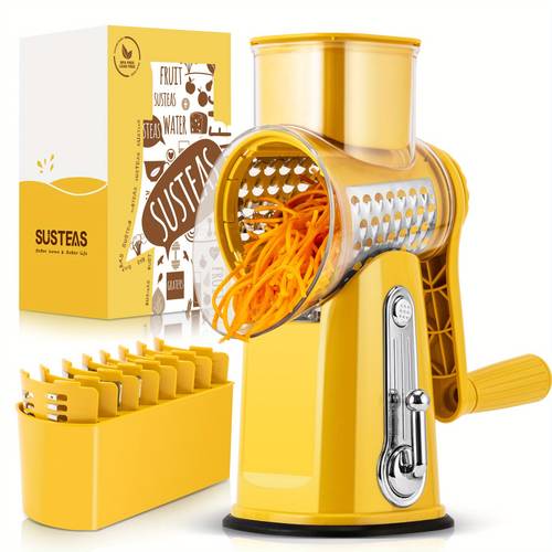 handheld rotary cheese grater 5 in 1 vegetable chopper mandoline slicer pasta maker heavy duty suction base dishwasher safe non electric kitchen tool with blade storage vintage green beige