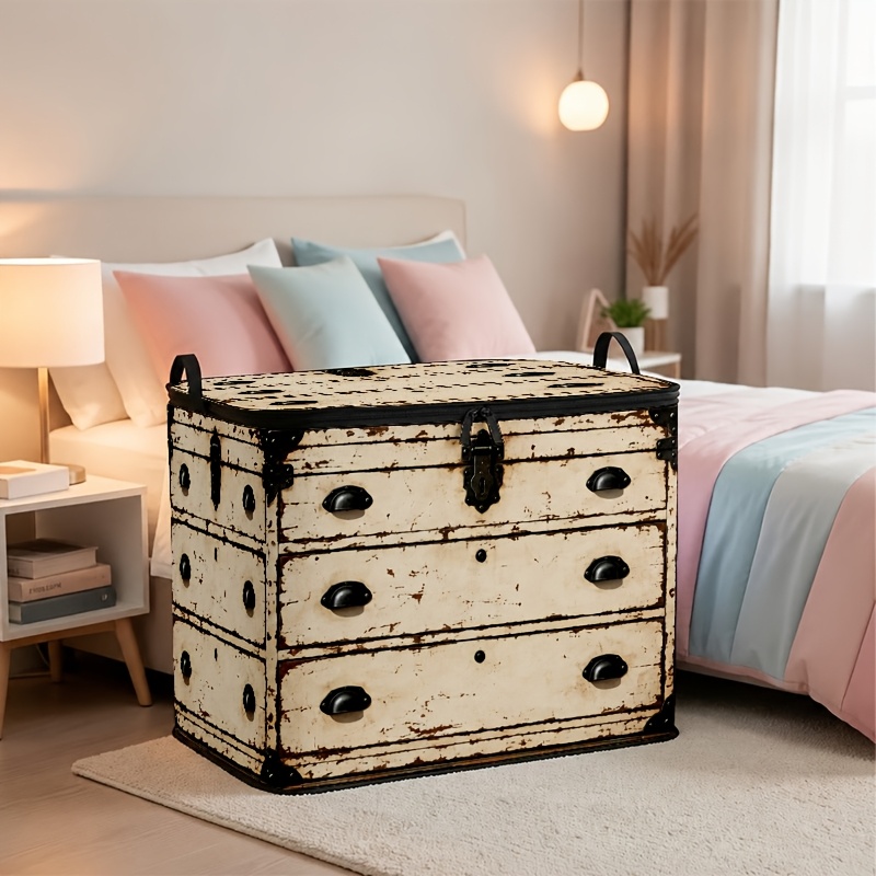TEMU Retro Distressed Style 3-drawer Storage Box With Metal Buckle And Rivet Embellishments, Beige Base With Dark Brown Mottled Pattern, Suitable For