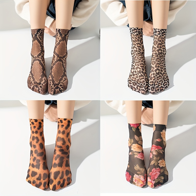 

4 Pair Leopard Print Sheer Tights - Short Socks, Summer, High , Comfortable, Breathable, Ultra-thin, Polyester , Hand Wash Or , Striped Pattern, Knit Fabric