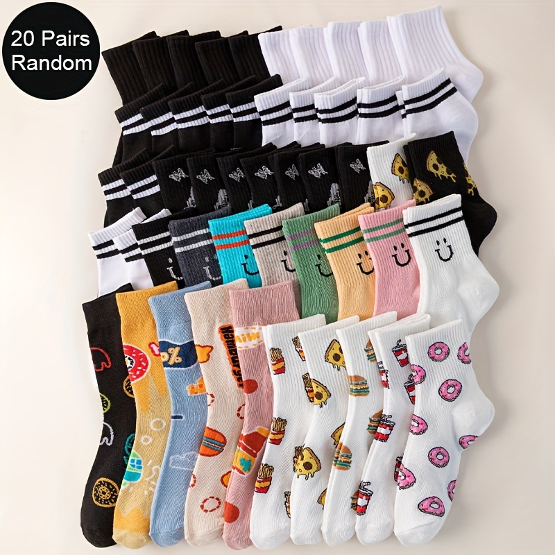 

20 paires de chaussettes à motifs aléatoires, chaussettes mi-hautes tendance et polyvalentes, chaussettes et collants pour femmes