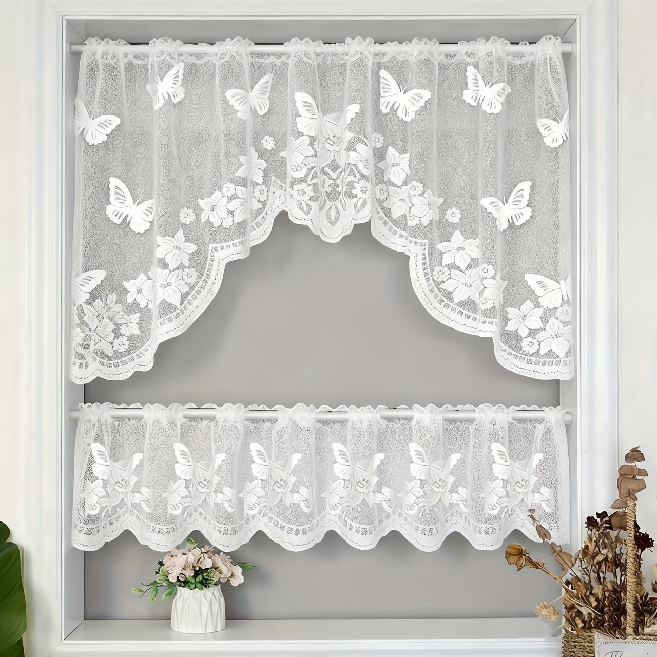 E-shop 1 Set/2 Stück Weißes Blumen Schmetterling Sonnenblumenmuster Spitzen Kurz Vorhang Set Kleiner Fenster Vorhang - Blumen Jacquard Design,