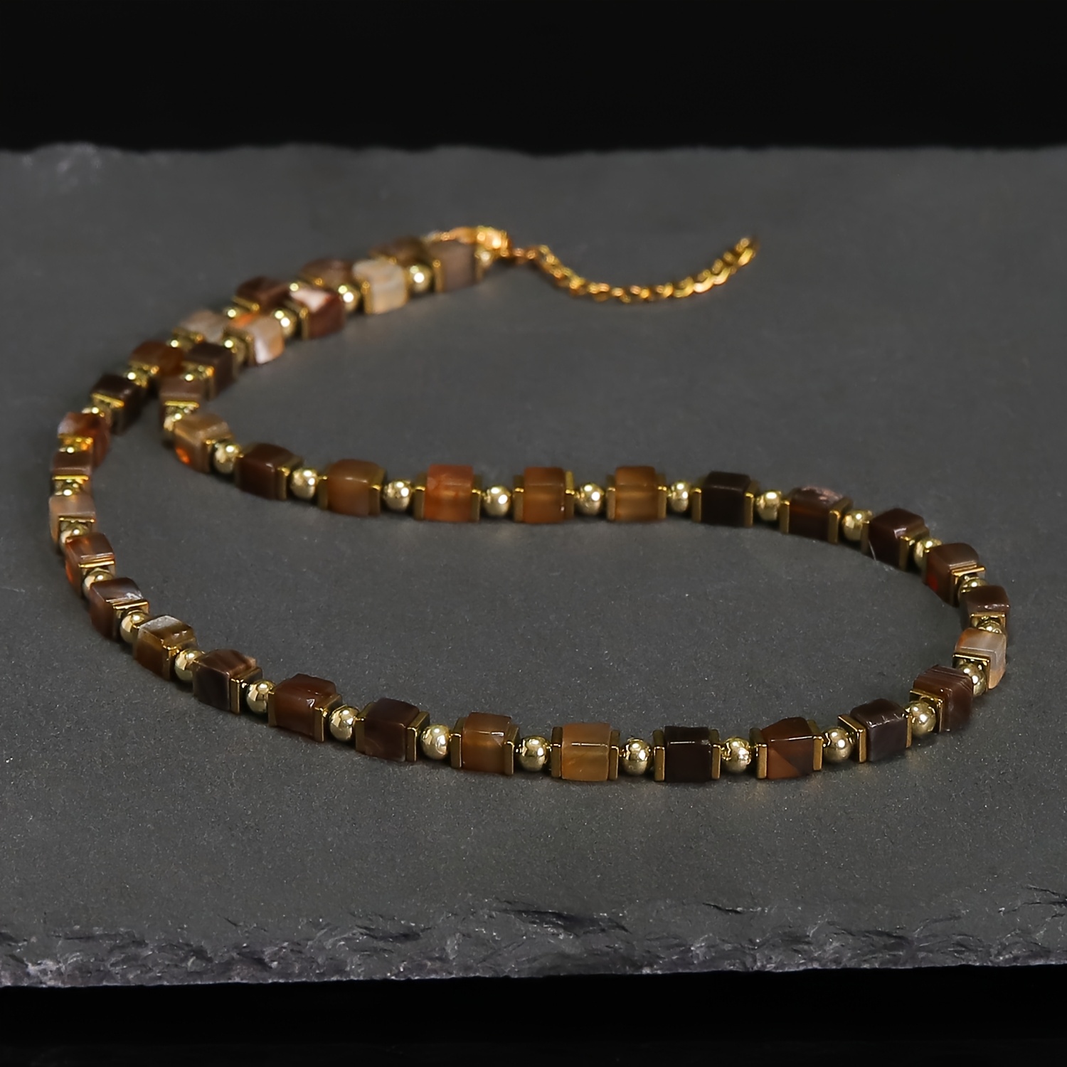 Hand-Strung Square Agate Beaded Necklace with Golden-Tone Accents