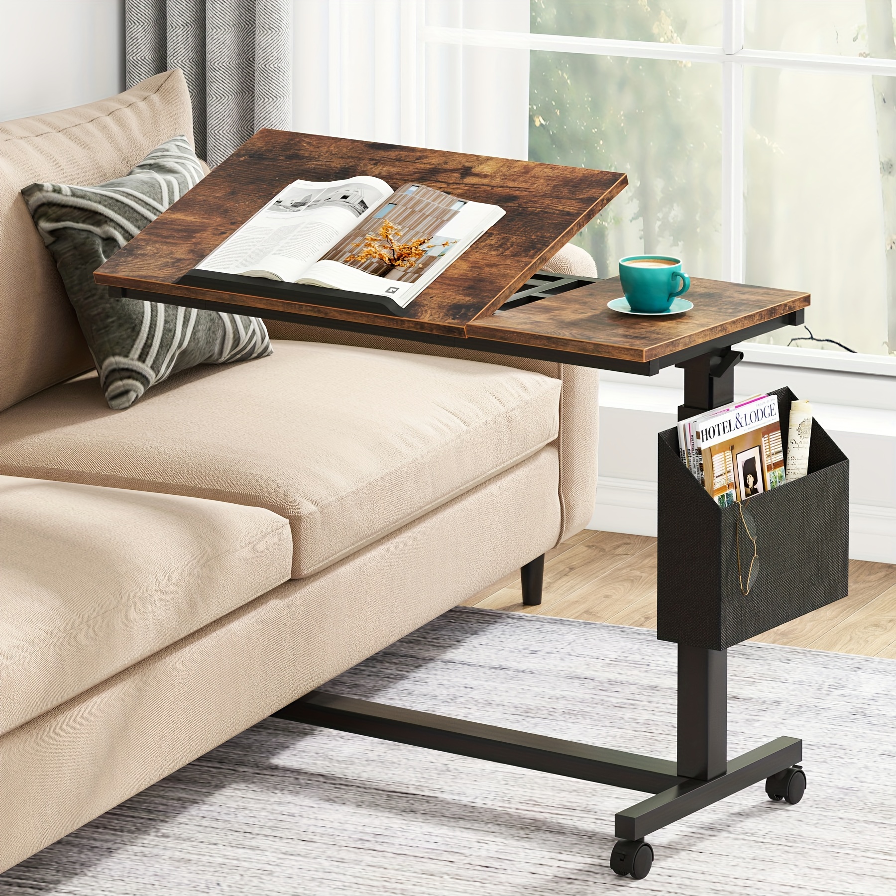 height adjustable c shaped end table wheels side pocket Temu