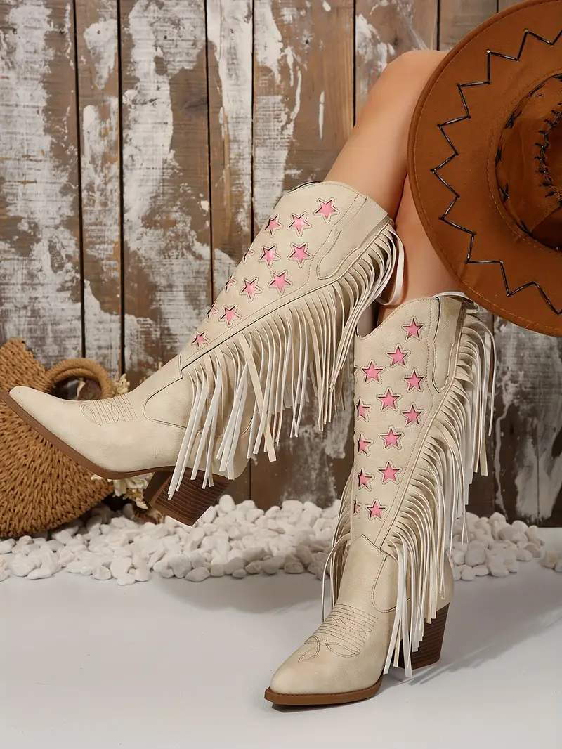 Women's Classic Fringe Cowgirl Boots - Faux Suede Western Mid Calf Boots With Chunky Heel & Pointed Toe