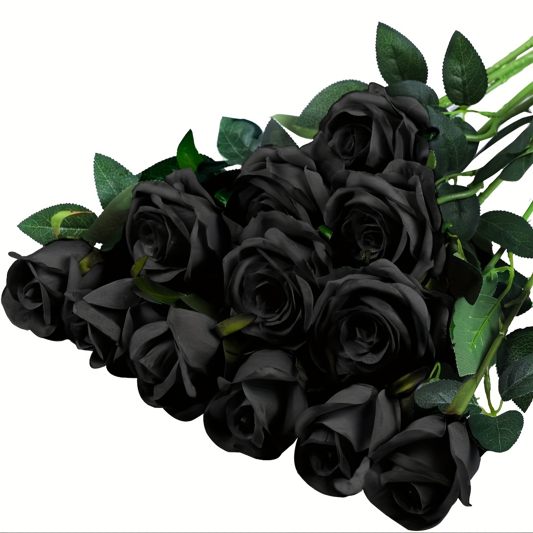 

12pcs Lifelike Silk Black Roses - Real Touch Fake Flowers For Halloween, Valentine's Day, Dia De Los Muertos - Plastic , No Container, Electricity-free, Battery-free - Room Decor