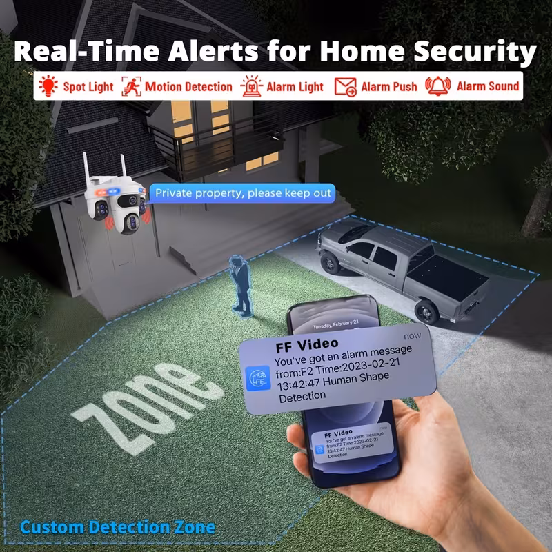 caméra de sécurité extérieure intelligente wifi 7 objectifs 4 écrans avec zoom 10x ptz, détection ai, alertes de lumière rouge/bleue, surveillance 24/7, vision couleur h.265+ full, automatique, carte sd et stockage cloud, application multi- , 110v/220v, audio bidirectionnel, montage au plafond, résolution 5mp, prise européenne, caméras de sécurité , surveillance, sécurité moderne, enregistrement haute résolution Détails du produit 5