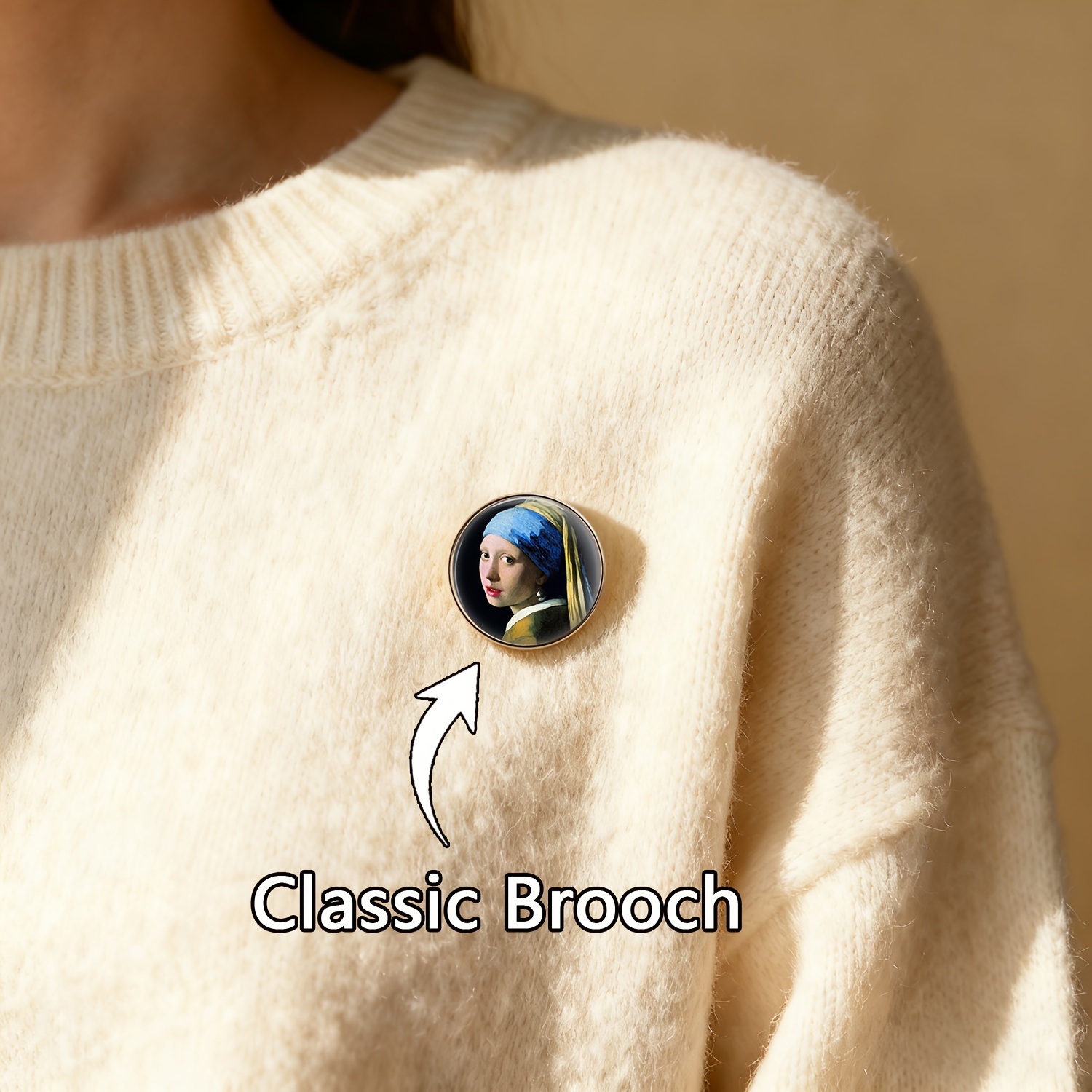 TEMU 1pc Packaging: A -style Unisex Brooch Accessory Featuring The Design Of The Painting " With A Earring" - A Circular Badge With A Blue Headscarf