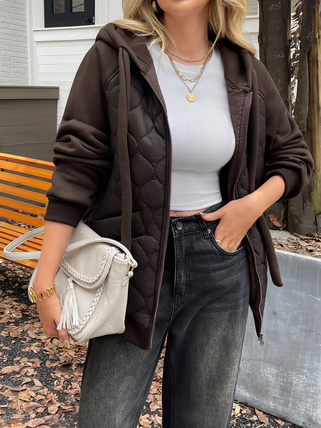 γυναικείο κομψό φλις επενδυμένο θερμομονωτικό μπουφάν με κουκούλα - άνετο χειμερινό μπουφάν μακρυμάνικο με φερμουάρ μπροστά, καφέ, φαρδιά γραμμή, ιδανικό για φθινόπωρο & χειμώνα, χειμερινό παλτό Στοιχεία είδους 0