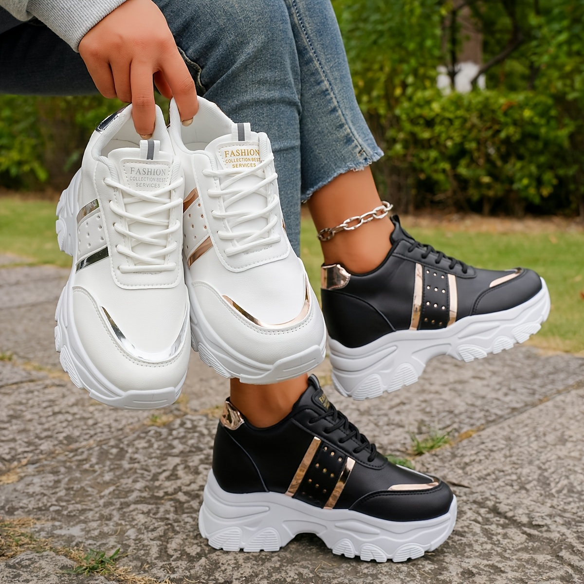pair women's fashion chunky dad sneakers, low top lace-up shoes