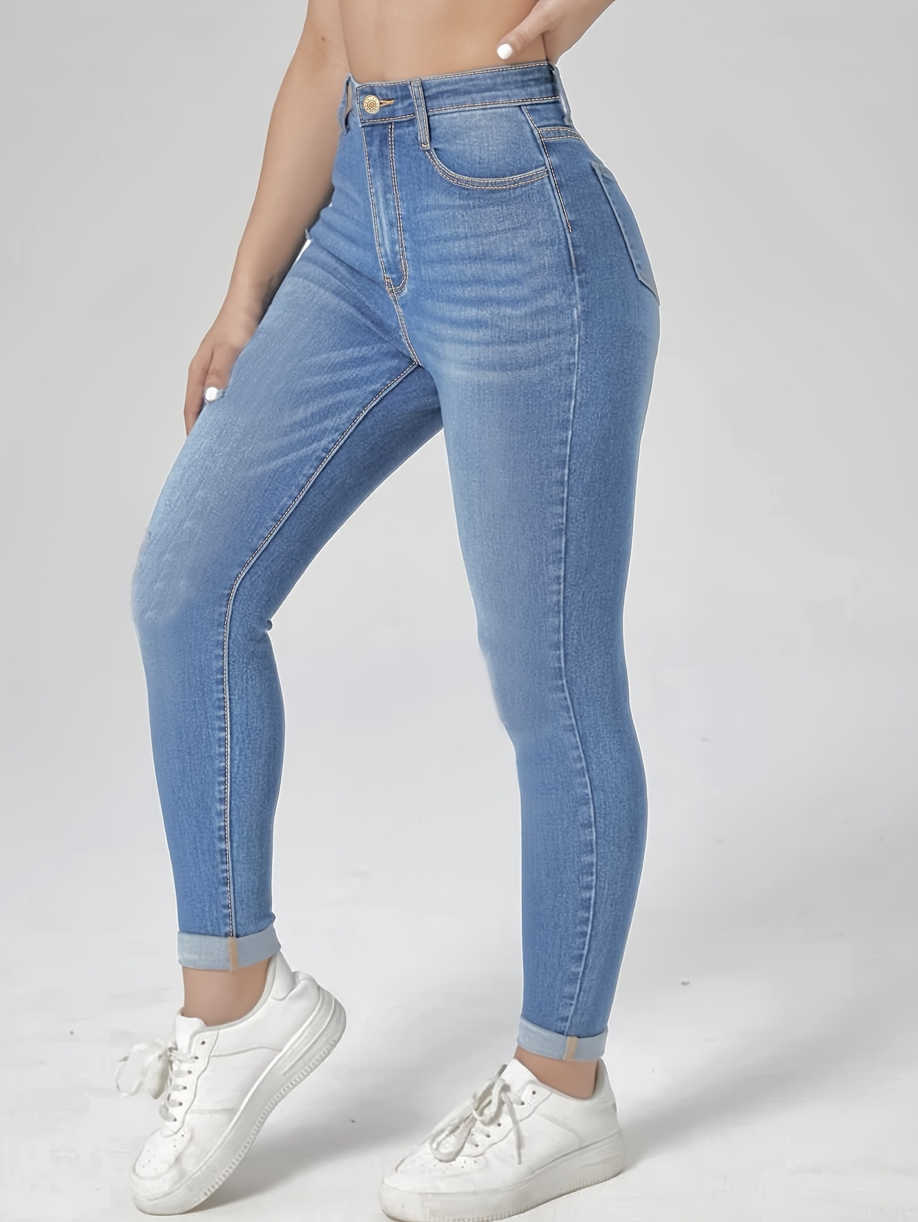 Jeans Ajustados Rasgados De Tiro Alto, Pantalones De Mezclilla Con Bolsillo  Oblicuo Elásticos Desgastados De Color Negro Sólido, Jeans Y Ropa De Mezcl