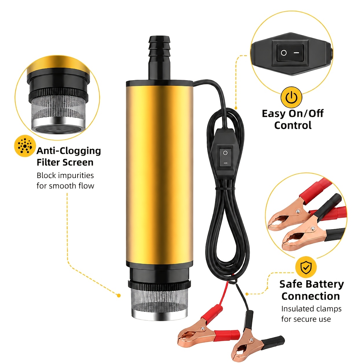TEMU 12v Submersible Fuel Pump 12l/min Portable Electric Transfer Pump With Switch, 2.5m Cable, Alligator Clips, Filter Screen For Truck Rv Farm Oil