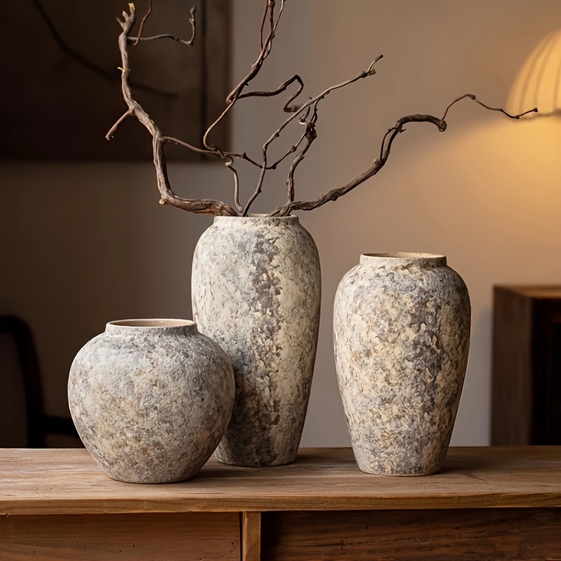 Vintage Keramikvase im Landhausstil, geprägte Deko-Vase – Ideal als Tischdekoration für Küche, Büro oder * Weihnachtsdeko mit Pampasgras und Eukalyptus