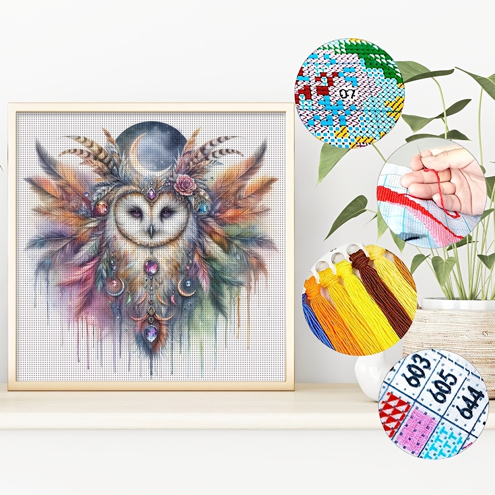 TEMU 1 Set Bohemian Owl Theme Printed Cross Stitch Kit 11ct Precise Embroidery Material Pack With Full Tools Easy Pattern Adult Beginner Friendly